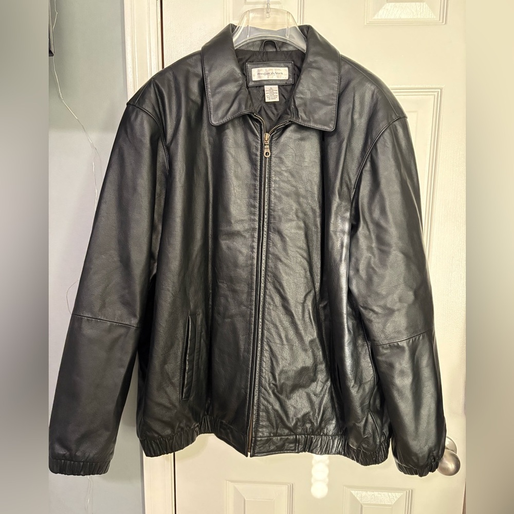Preston & York Black Leather Bomber Jacket, XL